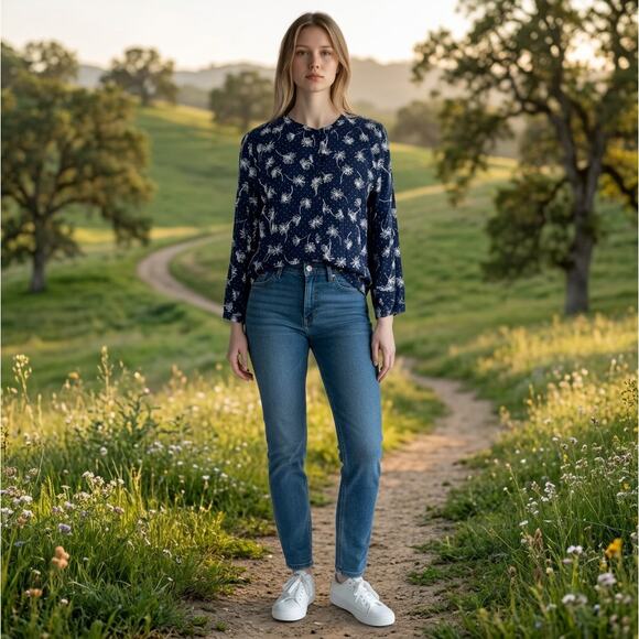 Talbots Tops - Talbots Navy Floral Rayon Blouse XL Long Sleeve Button Front Cottagecore